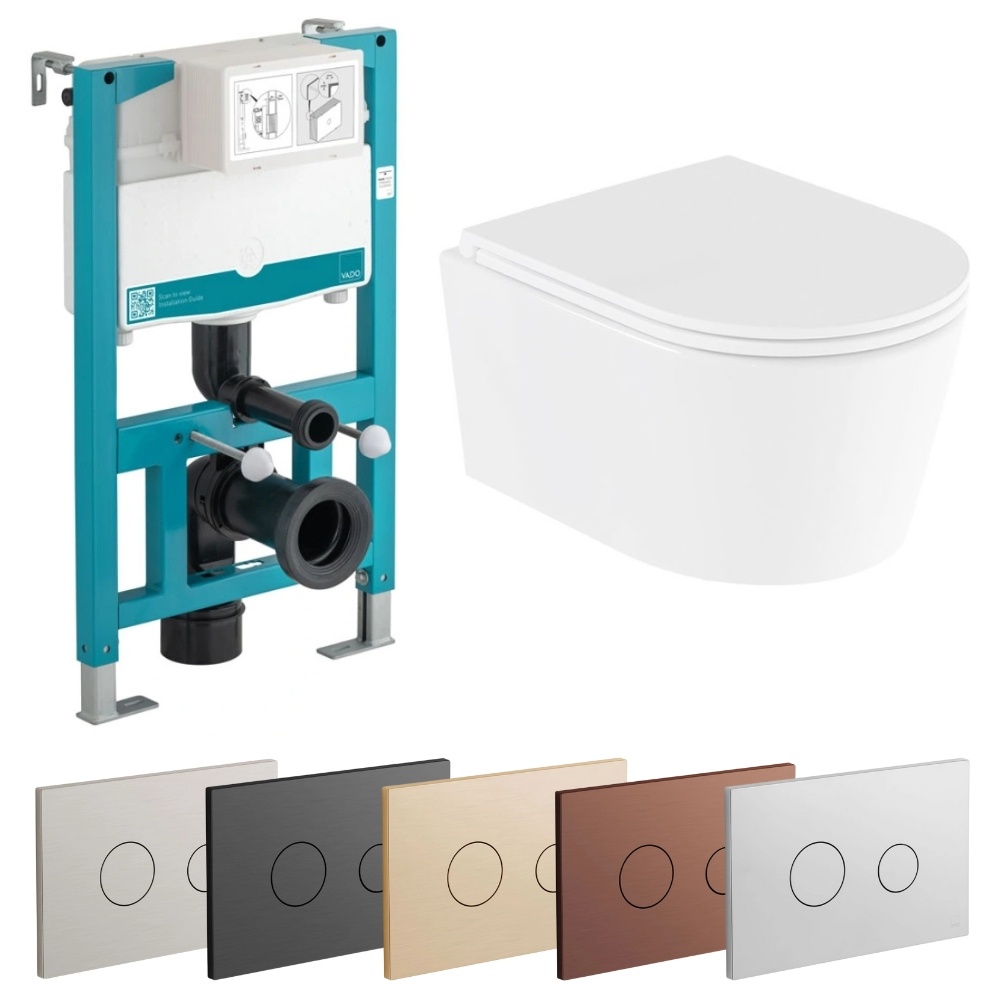 Cut out image of the Vado Cameo Round Rimless Wall Hung Toilet with 835mm Short WC Frame, Cistern & Flush Plate Pack
